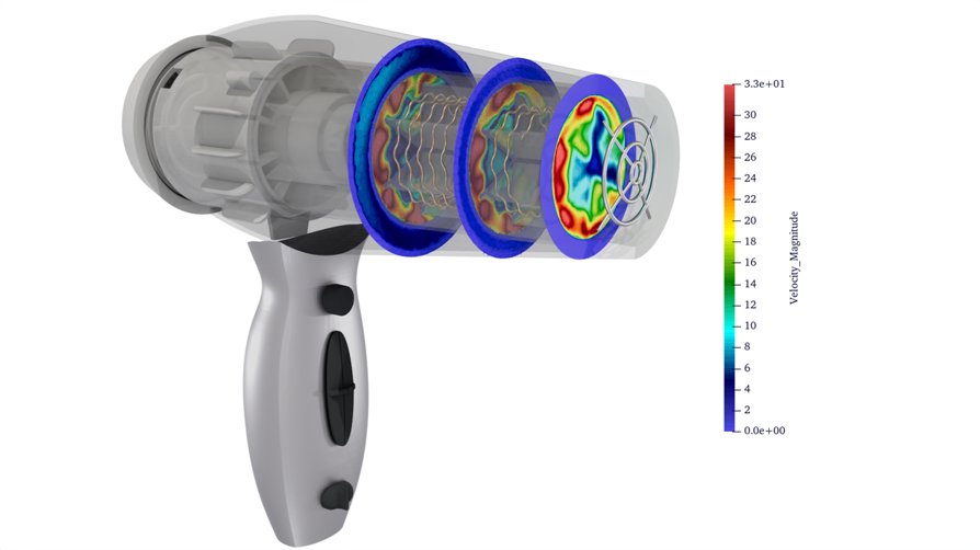 Internal airflow and velocity distribution inside a hair dryer.