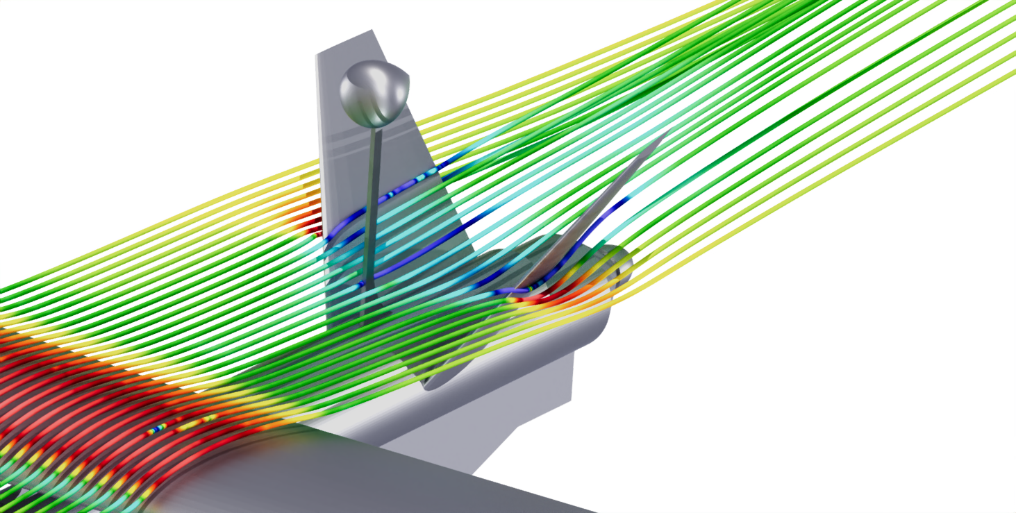 Aerodynamic flow visualization across UAV geometry.